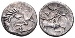 Britannia, Iceni AR Unit. 20 BC - AD 10. Stylised head right, trefoil in front, [wreath behind] / Horse right, triangular shape within pelleted arc above, lozenge-shaped box below. ABC 1564; BMC 3556f