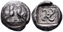 Dynasts of Lycia, Teththiveibi AR Stater. Circa 450-420 BC. Two cocks standing facing each other, plant (?) between / Tetraskeles, legend around; all within incuse square. Vismara II 140; Rosen 729; S