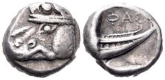 Lycia, Phaselis AR Tetrobol. Circa 500-440 BC. Prow of galley in the form of a boar's forepart to left / Stern of galley right; ΦΑΣ above. SNG von Aulock 4394-4396. 3.64g, 13mm, 7h. Good Very Fine.