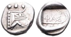 Lycia, Phaselis AR Tetrobol. Circa 500-440 BC. Prow of galley in the form of a boar's forepart to right / Stern of galley right; ΦΑΣ above. SNG von Aulock 4394-4396. 3.47g, 14mm, 10h. Good Very Fine.