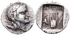 Lycia, Phaselis AR Drachm. Circa 167-100 BC. Pseudo-League coinage. Laureate head of Apollo right; bow and quiver over shoulder / Kithara;helmet to lower left; branch to lower right; all within incuse
