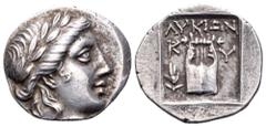 Lycia, Uncertain Mint, as a member of the Lycian League AR Drachm. Pseudo-League imitation. Circa 167-100 BC. Laureate head of Apollo right, with bow and quiver over shoulder / Kithara; K–O across fie