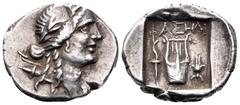 Lycia, Phaselis AR Drachm. Pseudo-Lycian League issue, circa 84-77 BC. Laureate head of Apollo right; bow and quiver over shoulder / Kithara; torch to left, Isis crown to right; all within incuse squa
