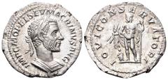 Macrinus AR Denarius. Rome, AD 217. IMP C M OPEL SEV MACRINVS AVG, laureate and cuirassed bust right / IOVI CONSERVATORI, Jupiter standing left, holding thunderbolt and sceptre; diminutive figure of M