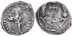 Constans II AR Half Miliaresion. Constantinople, AD 669-674. d N CONSTANTINUS PP AV Constans, with heavy beard, standing facing, crowned and wearing chlamys, holding cross on globe in his right hand a