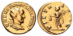 Modern Imitation of Herennius Etruscus AV Aureus, using types found on genuine bronze coins. Q HER ETR MES DECIVS NC (?), radiate and draped bust right / PIETAS AVGG, Mercury standing left, holding pu
