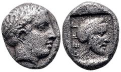Mysia, Pergamon AR Diobol. Mid 5th century BC. Laureate head of Apollo right / Bearded head right, wearing Persian tiara, within incuse square. Von Fritze, Pergamon pl. I, 1; Mørkholm, Pergamene 1; SN