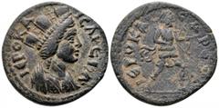 Lydia, Hierocaesarea Æ21. Pseudo-autonomous issue, temp. Severans, AD 193-235. Turreted and draped bust of Tyche right / Artemis advancing right with bow. SNG von Aulock -; SNG Leypold -; SNG München 