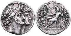 Seleukid Kings of Syria, Antiochos XI and Philip I AR Tetradrachm. Diademed, lightly bearded heads of Antiochus XI and Philip I jugate right / BAΣIΛEΩΣ ANTIOXOY in two lines on right, KAI BAΣIΛEΩΣ ΦIΛ