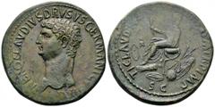 Nero Claudius Drusus Æ Sestertius. Struck under Claudius, Rome, AD 42-43. NERO CLAVDIVS DRVSVS GERMANICVS IMP, bare head left / TI CLAVDIVS CAESAR AVG P M TR P IMP P P P, Claudius seated left on curul