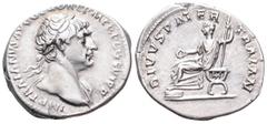 Trajan AR Denarius. Rome, AD 112-114. IMP TRAIANVS AVG GER DAC P M TR P COS VI P P, laureate bust right, drapery on far shoulder / DIVVS PATER TRAIAN, Trajan Pater, bare-headed and togate, seated left