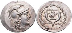 Ionia, Lebedos AR Tetradrachm. Circa 160-140 BC. Stephanophoric type. Apollodotos, magistrate. Head of Athena right, wearing triple-crested Attic helmet with laurel branch above visor / Owl standing r