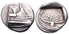 Lycia, Phaselis AR Tetrobol. Circa 500-440 BC. Prow of galley right / Stern of galley right; ΦΑΣ above. SNG von Aulock-; Cf Heipp-Tamer 72. 3.37g, 13mm, 7h. Good Very Fine.