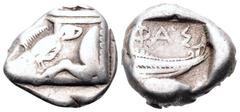 Lycia, Phaselis AR Tetrobol. Circa 500-440 BC. Prow of galley in the form of a boar's forepart to left / Stern of galley right; ΦΑΣ above. SNG von Aulock 4394-4396. 3.55g, 12mm, 1h. Very Fine.