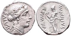 Man. Acilius Glabrio AR Denarius. Rome, 49 BC. Bust of Salus right; SALVTIS behind / Valetudo standing left holding serpent; MN ACILIVS III VIR VALETV around. Sydenham 922; Crawford 442/1a. 3.96g, 18m