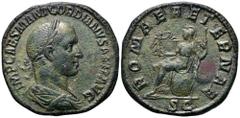 Gordian II Æ Sestertius. Rome, April 238. IMP CAES M ANT GORDIANVS AFR AVG, laureate, draped and cuirassed bust of Gordian II to right / ROMAE AETERNAE, Roma seated left on shield, holding Victory in 