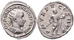 Gordian III AR Antoninianus. Rome, AD 241-243. IMP GORDIANVS PIVS FEL AVG, radiate, draped and cuirassed bust of Gordian III to right / P M TR P V COS II P P Gordian III, in military dress, standing r
