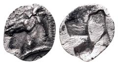 Aeolis, Kyme AR Tetartemorion. Circa 480-450 BC. Horse’s head left / Quadripartite incuse square. SNG Copenhagen -; SNG von Aulock -; Klein 332 var. (Hemiobol, horses head right); Rosen -. 0.16g, 7mm.