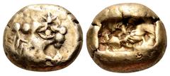 Kingdom of Lydia, Alyattes EL Trite. Sardes, circa 610-546 BC. Head of roaring lion to right, sunburst with multiple rays on forehead / Two incuse square punches of unequal size. Traité II/1, 44, pl. 