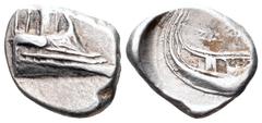 Lycia, Phaselis AR Tetrobol. Circa 500-440 BC. Prow of galley right / Stern of galley right; ΦΑΣ above. SNG von Aulock-; Cf Heipp-Tamer 72. 3.44g, 15mm, 8h. Good Very Fine.