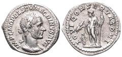 Macrinus AR Denarius. Rome, AD 217. IMP C M OPEL SEV MACRINVS AVG, laureate and cuirassed bust right / IOVI CONSERVATORI, Jupiter standing left, holding thunderbolt and sceptre; diminutive figure of M
