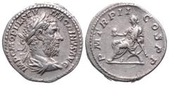 Macrinus AR Denarius. Rome, AD 217-218. IMP C M OPEL SEV MACRINVS AVG, laureate, draped and cuirassed bust right / P M TR P II COS P P, Macrinus seated left on curule chair, holding globe and short sc