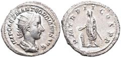 Gordian III AR Antoninianus. Rome, AD 238-244. IMP CAES GORDIANVS PIVS AVG, radiate, draped & cuirassed bust right / PM TR P II COS PP, Gordian standing left, sacrificing over altar from patera. RIC 5