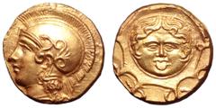 Sicily, Syracuse AV Dilitron. Emergency issue of the Second Democracy, winter 406/5 BC. Obverse die signed by 'IM...'. Head of Athena left, wearing crested Attic helmet decorated with serpent, palmett