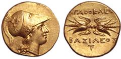 Sicily, Syracuse AV Stater. Agathokles, circa 306-289 BC. Head of Athena right, wearing crested Corinthian helmet decorated with griffin, single-pendant earring and necklace / AΓAΘOKΛEOΣ BAΣIΛEOΣ, win