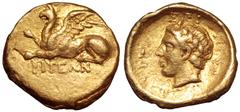 Thrace, Abdera AV Quarter Stater. Epimeletes Polyphantos, circa 336-311 BC. ΑΒΔΗ-ΡΙΤΕΩΝ, griffin crouching left / Laureate head of Apollo left, ΕΠΙ ΠΟΛ-ΥΦΑΝΤΟΥ around. Unique and unpublished; for the 