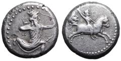 Karia, Achaemenid Period AR Tetradrachm. Circa 341-334 BC. Persian king or hero in kneeling-running stance right, drawing bow / Satrap on horseback right, thrusting spear; to left, bearded male head r