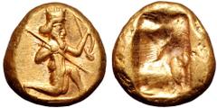 Achaemenid Kings of Persia AV Daric. Time of Darios I to Xerxes II, circa 485-420 BC. Persian Great King or hero in kneeling-running stance to right, holding spear and bow; quiver over shoulder / Rect