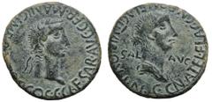Caligula and Caesonia Æ27 of Carthago Nova, Hispania. Circa AD 37. C CAESAR AVG GERMANIC IMP P M TR P COS, laureate head of Caligula right / CN ATEL FLAC CN POM FLAC II VIR QVINC SAL AVG, laureate hea