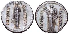 Q. Caecilius Metellus Pius Scipio AR Denarius. Utica, 47/46 BC. P. Licinius Crassus Junianus, legatus pro praetore. Q•METEL•PIVS on right, SCIPIO•IMP on left, lion-headed figure of Genius of Africa (S