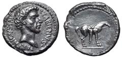 Quintus Labienus AR Denarius. Uncertain mint in Syria or south-eastern Asia Minor, early 40 BC. Bare head right; Q•LABIENVS•PARTHICVS•IMP around / Horse standing to right on ground line, wearing saddl