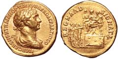 Trajan AV Aureus. Rome, AD 116. IMP CAES NER TRAIANO OPTIM AVG GER DAC PARTHICO, laureate, draped and cuirassed bust right / REGNA ADSIGNATA, Trajan seated to left on platform with two attendants stan