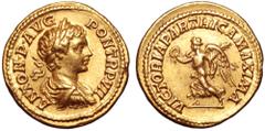 Caracalla AV Aureus. Rome, AD 204. ANTON P AVG PON TR P VII, laureate, draped and cuirassed bust right / VICTORIA PARTHICA MAXIMA, Victory advancing left, holding wreath and palm. RIC 79; Calicó 2844 
