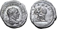Caracalla AR Antoninianus. Rome, AD 217. ANTONINVS PIVS AVG GERM, radiate, draped, and cuirassed bust right, seen from behind / VICT PARTHICA, Victory seated right on cuirass, inscribing VO XX in two 