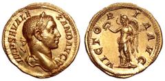 Severus Alexander AV Aureus. Rome, AD 231. IMP SEV ALEXAND AVG, laureate bust right, slight drapery over far shoulder / VICTORIA AVG, Victory standing left, holding wreath and palm. RIC 211b; Calicó 3