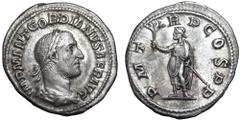 Gordian I Africanus AR Denarius. Rome, March-April AD 238. IMP M ANT GORDIANVS AFR AVG, laureate, draped and cuirassed bust right, seen from behind / P M TR P COS P P, Gordian standing facing, head le