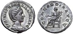 Tranquillina AR Denarius. Rome, AD 241-244. SABINIA TRANQVILLINA AVG, draped bust right, wearing stephane / CONCORDIA AVGG, Concordia seated left on throne, holding patera in right hand and cradling d