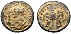 Diocletian Gilded Æ Medallion. Rome, AD 287. IMP C C VAL DIOCLETIANVS PF AVG, radiate, draped and cuirassed bust left / VICTORIA AVGG, two victories holding shield. Unpublished in the standard referen