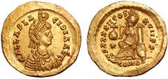 Galla Placidia AV Solidus. Uncertain Asian mint, struck under Theodosius II, AD 443. GALLA PLACIDIA AVG, pearl-diademed and draped bust right, wearing single-drop earring and pearl necklace, crowned b
