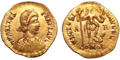 Avitus AV Solidus. Arelate, July AD 455-October AD 456. D N AVITVS PERP F AVG, rosette diademed, draped and cuirassed bust of Avitus right / VICTORIA AVGGG, emperor in military attire standing right, 