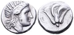 Rhodos, Rhodes AR Didrachm. Circa 295-280 BC. Radiate head of Helios right / Rose; Cornucopia and EY. Cf. Ashton, "Rhodian Coinage and the Colossus," in RN 1988, 16 var.; Cf. SNG von Aulock 2770; Cf. 