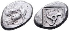 Lycia, Kuprilli Dynast, AR Stater. Circa 470-440 BC. Lion right attacking bull falling left / [KO] ΠΡ ΛΛΕ, triskeles. BMC 60, pl. 4, 4. 8.50g, 21mm. Good Very Fine.