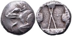 Dynasts of Lycia, uncertain Dynast AR Stater. Circa 520-470/60 BC. 'Pre-dynastic' period. Forepart of boar left / Incuse square divided by large X, indentations on three sides. Falghera 14–6; SNG Cope