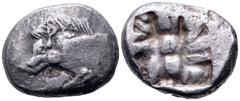 Dynasts of Lycia, uncertain dynast AR Stater. Circa 500 BC. Forepart of wild boar to left, dotted ornaments around shoulder and on the truncation. Rev. Irregular incuse square of pattern-like form. SN