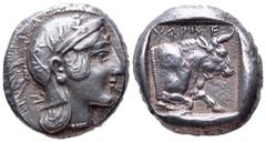 Dynasts of Lycia. Kherei AR Stater. Uncertain mint, Circa 410-390 BC. Helmeted head of Athena right / Forepart of bull right within incuse square. Cf. Mørkholm & Zahle II 33 (quarter stater); S. Hurte