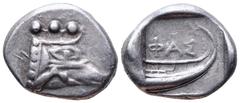 Lycia, Phaselis AR Tetrobol. Circa 500-440 BC. Prow of galley in the form of a boar's forepart to right / Stern of galley right; ΦΑΣ above. SNG von Aulock 4394-4396. 3.44g, 15mm, 11h. Good Very Fine.